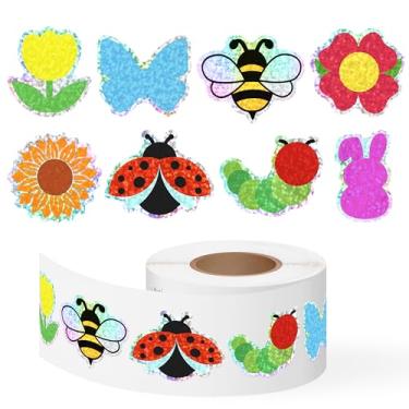 Imagem de 500 pçs adesivos de mola rolo holográfico laser flor borboleta abelha decalques autoadesivos à prova d'água jardim de verão sazonal artesanato diy presentes para professores recompensas presentes para