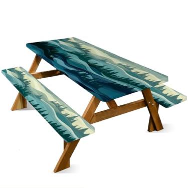 Imagem de ANNA QUEEN Conjunto de capa de mesa de piquenique de boneco de neve de Natal de 1,8 m com capas de banco, 3 peças, 183 x 76 cm, proteção de móveis para banco e toalha de mesa (vista da montanha)