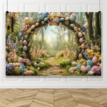Imagem de Renaiss 2,1 x 1,5 m, cenário de feliz dia de Páscoa, ovos coloridos, arco, árvore, floresta encantada, fotografia, fundo, flores de primavera, conto de fadas, país das maravilhas decoração de festa de