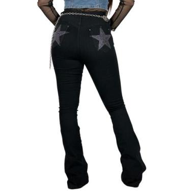 Imagem de Calça Jeans Preta Feminina Silver Star Brilhos Pratas Estrela Moda Cou