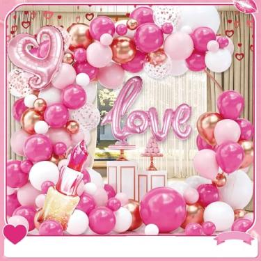 Imagem de 116 peças de decorações de dia dos namorados rosa com balões vermelhos de coração e balão do amor, pétalas de rosa falsas para decoração de casamento, decorações de aniversário românticas com balões