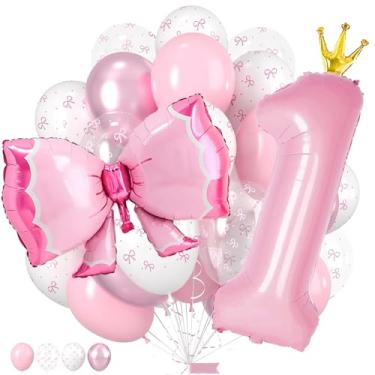 Imagem de Decorações de aniversário de laço rosa, balões de coquete, 1 balão número 101 cm com coroa, balões de arco branco transparente rosa de 30 cm para decorações de 1º aniversário menina