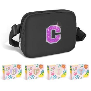 Imagem de COSHAYSOO Pochete de cintura pequena com faixa ajustável com inicial de letra remendo alça ajustável para mulheres adolescentes correndo viajando academia caminhadas, mini bolsa transversal de viagem transversal transversal bolsa moderna, Preto, Small, C