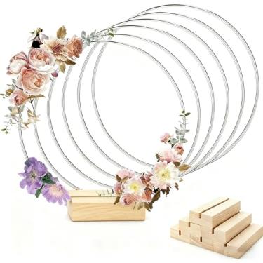 Imagem de YDJIANCAI Conjunto de 6 peças de argola floral de metal com 6 suportes de madeira para mesa de casamento decoração de centro de mesa para pendurar na parede, macramê apanhador de sonhos artesanato DIY