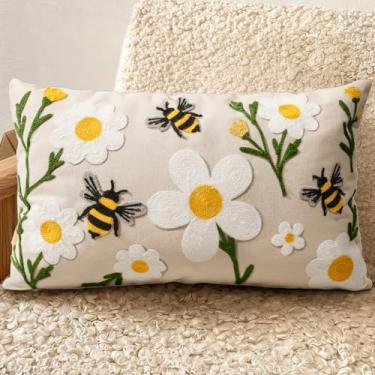 Imagem de Kokaaee Capas de almofada lombar bordadas 50 x 30 cm - Capa de almofada decorativa boho de verão com zíper para sala de estar, sofá, cama, design estético, flor, abelha, linho, fronha