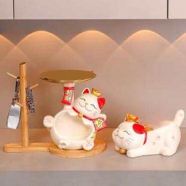 Imagem de FENNYYAR Rack de armazenamento chinês e 2 peças de bandeja de armazenamento Maneki Neko, estátua de decoração de casa de gato da sorte de 29 cm