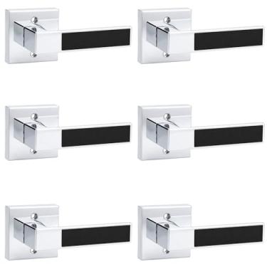 Imagem de Probrico Maçaneta de porta falsa resistente com alavanca de mão de couro preto, puxador lateral único quadrado que não gira apenas para armário ou portas francesas, cromo polido, pacote com 6