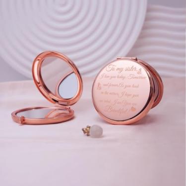 Imagem de Presente para irmãs, espelho de maquiagem portátil gravado em metal, mini espelho de maquiagem portátil dobrável, espelho redondo portátil de dupla face, adequado para todos em várias ocasiões