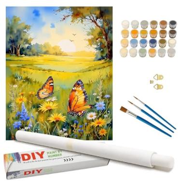 Imagem de Kit de pintura de jardim de borboletas por números para adultos – Pintura DIY monarcas e flores silvestres em tela enrolada 40,6 x 50,8 cm, conjunto de tinta acrílica para iniciantes, arte para