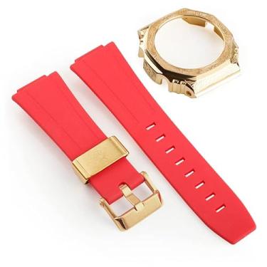 Imagem de SAAWEE Capa de relógio de aço inoxidável esculpida com pulseira de borracha de terceira geração para GA2100 retrofit e upgrade DIY (Cor: ouro vermelho)