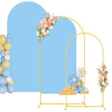 Imagem de Suporte de arco de pano de fundo de casamento com capa de 2,5 m de arco de metal e conjunto de 2 capas de pano de fundo azul bebê para arcos de balão, suportes para festa de aniversário, decoração de