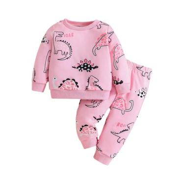 Imagem de Conjunto De Moletom Rosa De Dinossauro Para Bebê Menina Outono Inverno