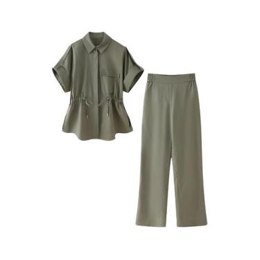 Imagem de Conjunto Casual Feminino Elegante Com Camisa De Lapela E Calças Em Cor