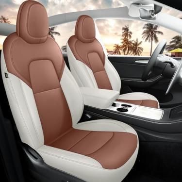 Imagem de MeeKooMay Capa de assento de carro de couro para Tesla Model Y 2020 2021 2022 2023 2024 capas de assento dianteiro e traseiro com ajuste personalizado (bege + marrom - modelo Y)