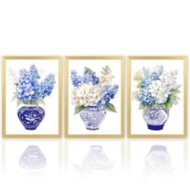 Imagem de Conjunto de impressão de arte de parede em tela de hortênsia chinoiserie azul e branco emoldurado com 3 peças em aquarela flores botânicas decoração em tela pintura oriental vaso de porcelana jarra de