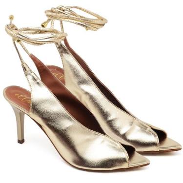 Imagem de Sandália Salto Médio Bico Folha Metalic Ouro Light Ella's, 36, Feminin