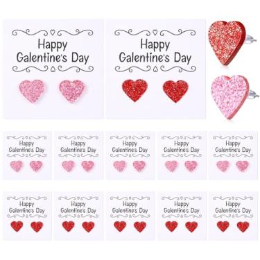 Imagem de Kigeli 12 peças de brincos de coração com glitter dia galentinos acrílico vermelho rosa amor coração brinco para mulheres esposa amante namorada feliz dia dos namorados presentes