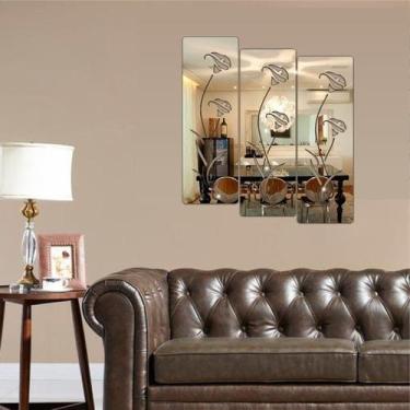 Imagem de 3 Espelhos Descorativos Flores em Acrílico Prata - Lopes Decor
