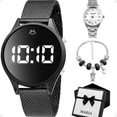 Imagem de Kit Feminino Completo Relógio Digital Preto Ajustável Pulseira com Pin