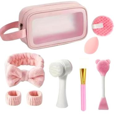 Imagem de 9 peças de bolsa de maquiagem + conjunto de cuidados faciais de limpeza profunda com escova esfoliante de silicone amigável e faixa de cabeça de spa anti-derramamento, adequado para casa/viagens