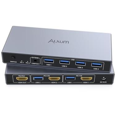 Imagem de Alxum Interruptor HDMI KVM - 2 computadores, 1 monitor compatível com 4K 60Hz, comutação em dois modos, 4 USB A para velocidade de transferência de 5 Gbps, inclui controlador de mesa 2 cabos USB 3.0