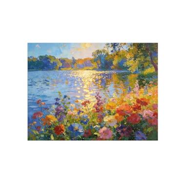 Imagem de BMZFYBS Impressão em tela de paisagem, arte de parede, flores, lago, pintura, quadros, para sala de estar, quarto, 70 x 90 cm, sem moldura