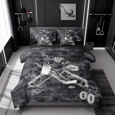 Imagem de Erosebridal Jogo de cama casal de hóquei no gelo – Jogo de edredom para eventos de inverno com lençóis, amantes de jogos esportivos, decoração de hóquei para quarto de meninos (preto camuflado)