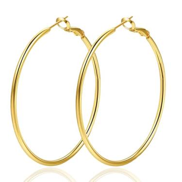 Imagem de DENNSHH Brincos de argola de 70 mm, grande, ouro 14K, hipoalergênicos, grandes, prateados, design fino, leve, para presente de aniversário