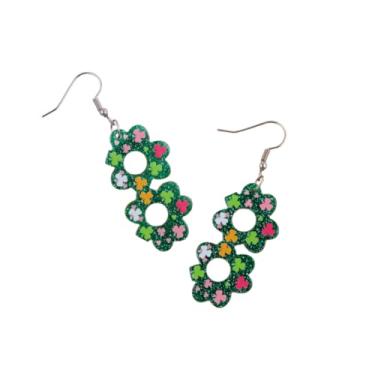 Imagem de Blue Drop Brincos femininos de Dia de São Patrício com glitter, flor verde, estampa de leopardo, trevo trevo e pingente, acessórios de joias para festa do dia de São Patrício, Zinco Acrílico, Sem