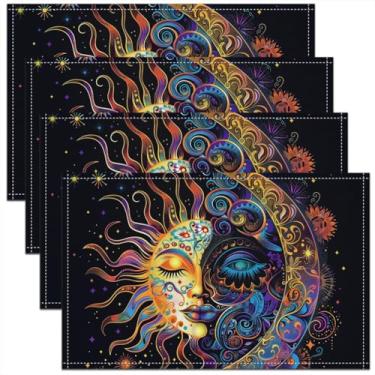 Imagem de jejeloiu Jogo americano boho exótico, conjunto de 4 tapetes de mesa para sol e lua, boêmio, cósmico, celestial, para cozinha, mesa de jantar, decoração de festa, ambientes internos e externos, 46 x 30