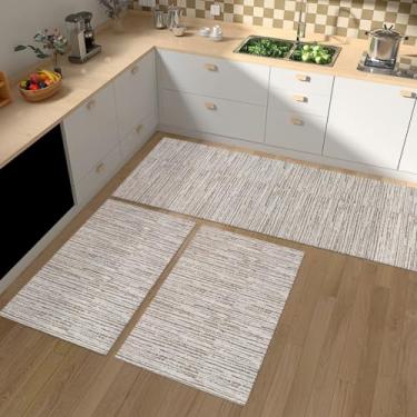 Imagem de Kit Tapetes de Cozinha Jacquard Antiderrapante 3 Peças Passadeira Capacho Rústico Mesclado Cru Bege Artesanal