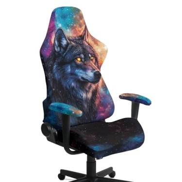 Imagem de Wanzuoeng Capa para cadeira de jogos e computador com estampa Wolf Galaxy, à prova de poeira, com capas para apoio de braço, fácil de instalar, ajuste universal, mesa de escritório e cadeiras de jogos