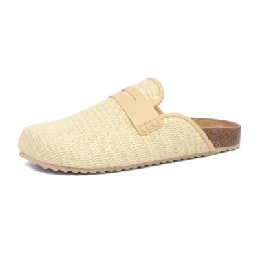 Imagem de NEWBELLA Pantufas femininas de tecido mule – sapatos de cortiça deslizantes para casa, confortáveis para uso interno/externo com suporte de arco para casa e jardim, Bege, 35