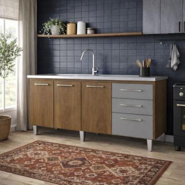 Imagem de Balcão de Cozinha Maiza 160cm 3 Portas 3 Gavetas Mel e Cinza - Rud Rac
