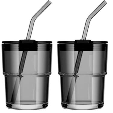 Imagem de MQMCPDS Xícara de café de vidro de 368,5 g - copo de vidro Matcha com tampas e canudo, copo para viagem para escritório, festa, acampamento, café gelado, água, suco (SmokyGray-2Pack)