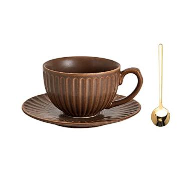 Imagem de Xícara de café vintage moderna para uso doméstico, conjunto de xícaras de flores de cerâmica com latte, lavagem à mão, conjunto de xícaras de chá da tarde (marrom, pequeno)