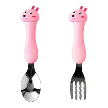 Imagem de Naroote Colher Garfo para bebê Conjunto de Aço Inoxidável Durável para Treinamento de Alimentação de Crianças, para Uso Doméstico ou Em Viagens (Coelho【rosa】)