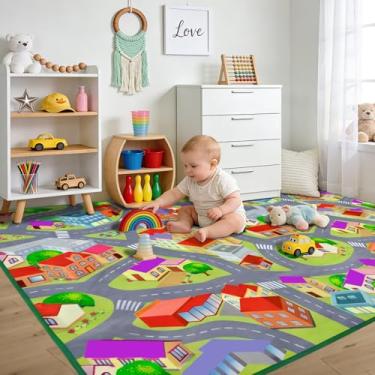 Imagem de Tapete infantil grande para sala de jogos, 121 cm x 182 cm, tapete para crianças, carros de brinquedo, vida urbana com tráfego rodoviário, ótimo para quarto de crianças, quarto de brincar, quarto de
