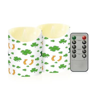 Imagem de Wassud Pacote com 2 velas sem chama de trevo de chapéu de Dia de São Patrício com controle remoto, velas realistas cintilantes com temporizador, velas decorativas para Natal, casamento, festa