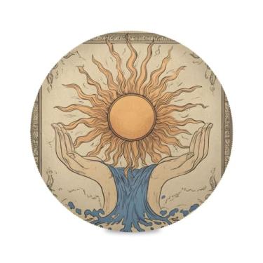 Imagem de STAYTOP Jogo americano redondo de desenho à mão com arte de sol, 1 peça, tapetes de mesa para férias, antiderrapante, fácil de limpar, para decoração de mesa de festa e churrasco