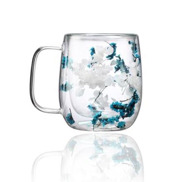 Imagem de Taolivingmart Caneca de café com isolamento de parede dupla de flores secas, xícara de chá de vidro borossilicato com flor real embutida, alça resistente ao calor para presentes de aniversário de