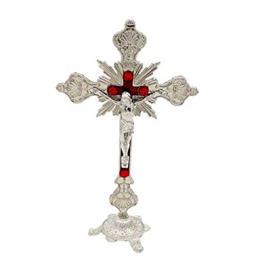 Imagem de Bothyi Crucifixo de pé Crucifixo com suporte Jesus na cruz Estátua Mesa de metal Cruz Jesus Crucifixo para Altar Decoração de de jantar, Prata Tamanho real