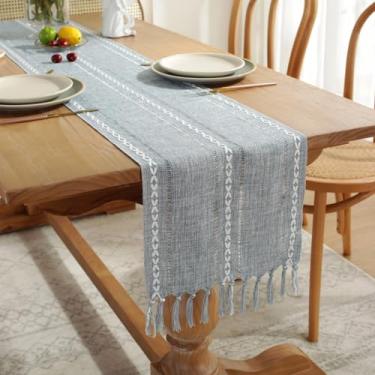 Imagem de Caminho de mesa rústico com borlas, caminhos de mesa boho trançados listrados, mesa de linho de algodão para jantar, festas e casamentos (azul, 33 x 122 cm)