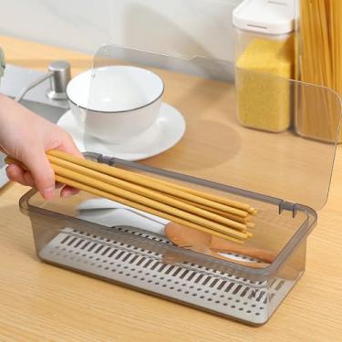 Imagem de Bandeja para Talheres com Tampa e Drenador Container Transparente Armazenamento de Cozinha Organizador Multifuncional Mesa Trabalho Moderno Leve