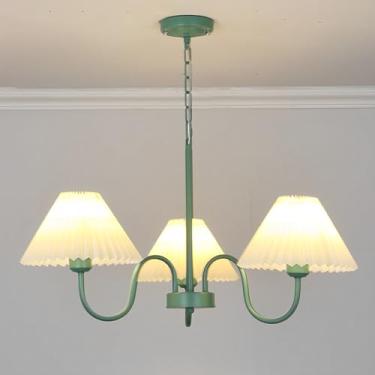Imagem de Lustre moderno verde para interiores, soquete E27, com cúpula de tecido plissado, luminária pendente para sala de estar, sala de jantar, quarto, cozinha e escritório.