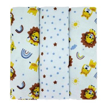 Imagem de Cueiro para Bebê 3 Unidades 1,00 m x 80 cm Flanelado Bublim, Leão azul