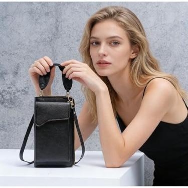 Imagem de Bolsa feminina para celular casual, vertical, multifuncional, pequena, alça transversal ajustável para viagens, viagens e compras, Preto