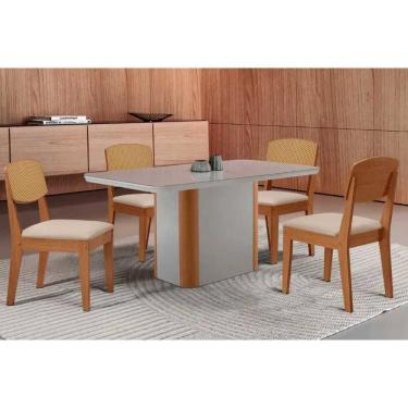 Imagem de Conjunto Mesa Pietá c/ Tampo Madeirado c/ Vidro Canto Curvo 120x80cm e 4 Cadeiras Havana Premium Naturale/Off White - Suede Creme-Rufato
