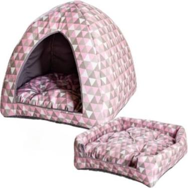 Imagem de Cama Pet Iglu 2 em 1 Grande 45x45cm para Cachorro e Gato | Toca ou Caminha Dobrável, Lavável, Impermeável, Conforto Térmico(Geométrica Rosa)