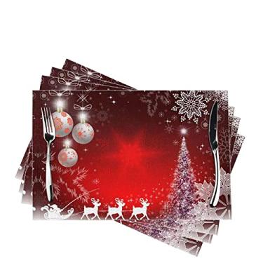 Imagem de Jogo americano Merry Christmas Red Deer Conjunto de 4 - Tapetes de mesa laváveis de PVC 30,5 x 45,7 cm para decoração de sala de jantar